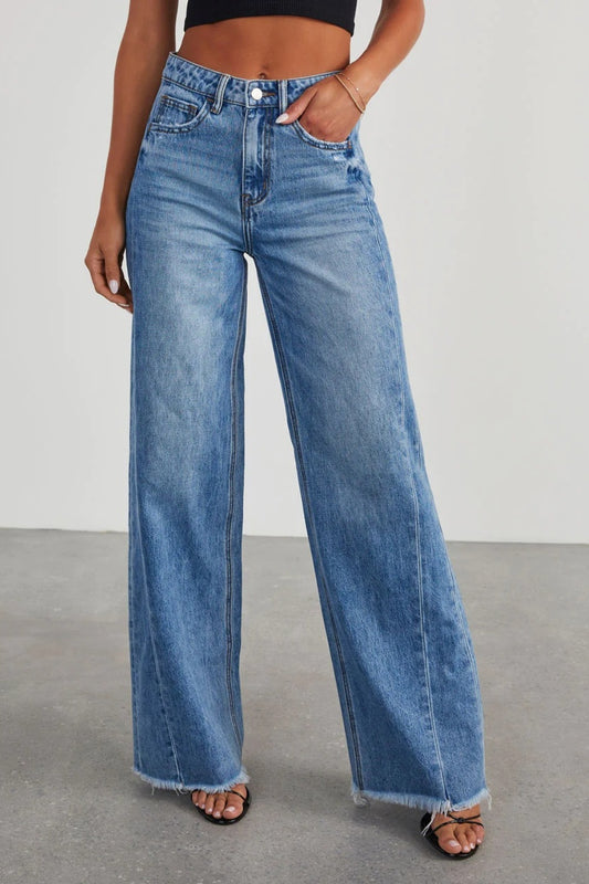 Teen Spirit Raw Hem Wide Leg Jeans with Pockets