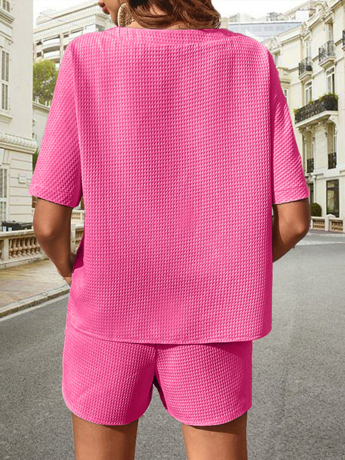 Walk about Italia Waffle-Knit Half Sleeve Top and Shorts Set