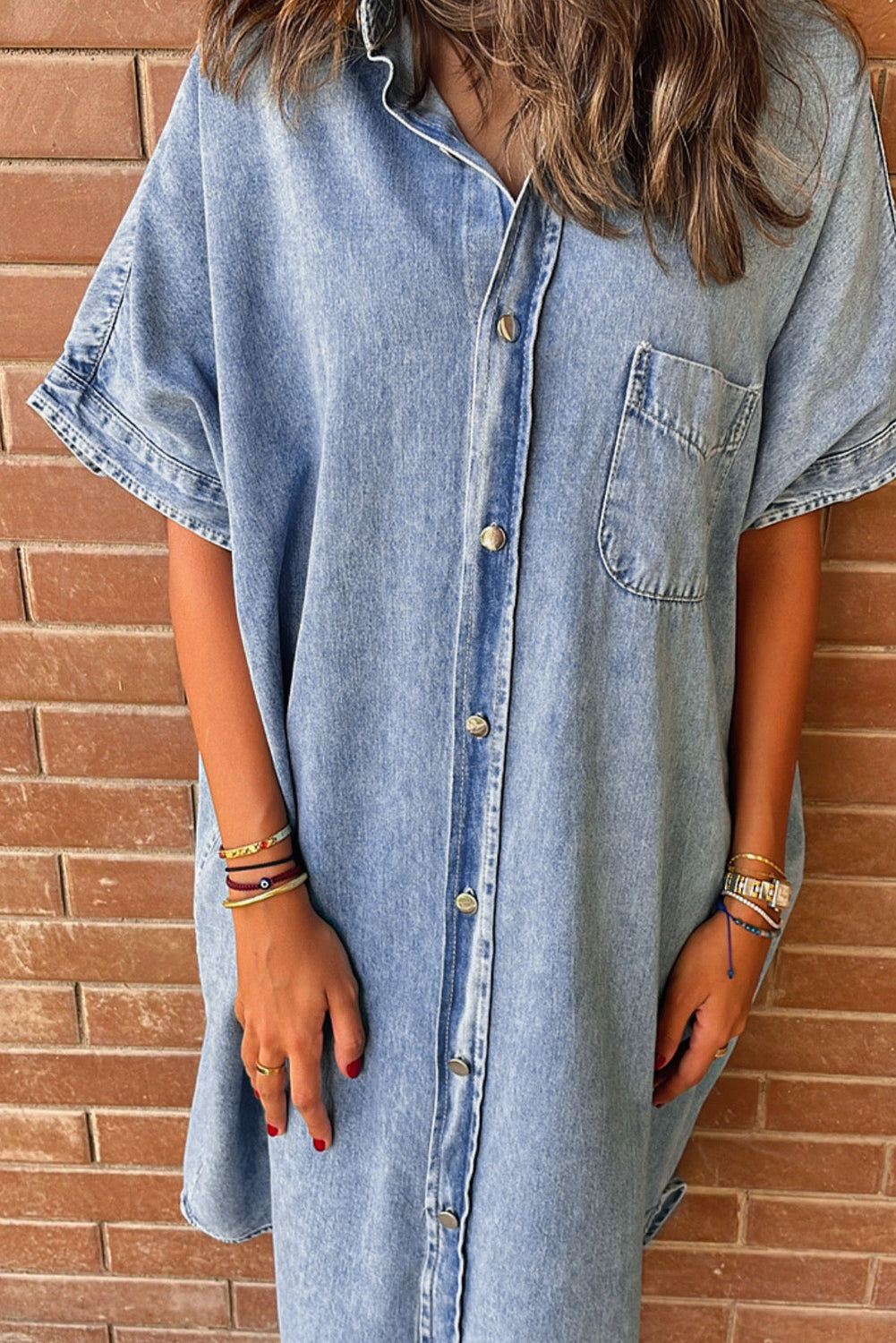 Shera Light Blue Vintage Wash Loose Denim Shirt Dress