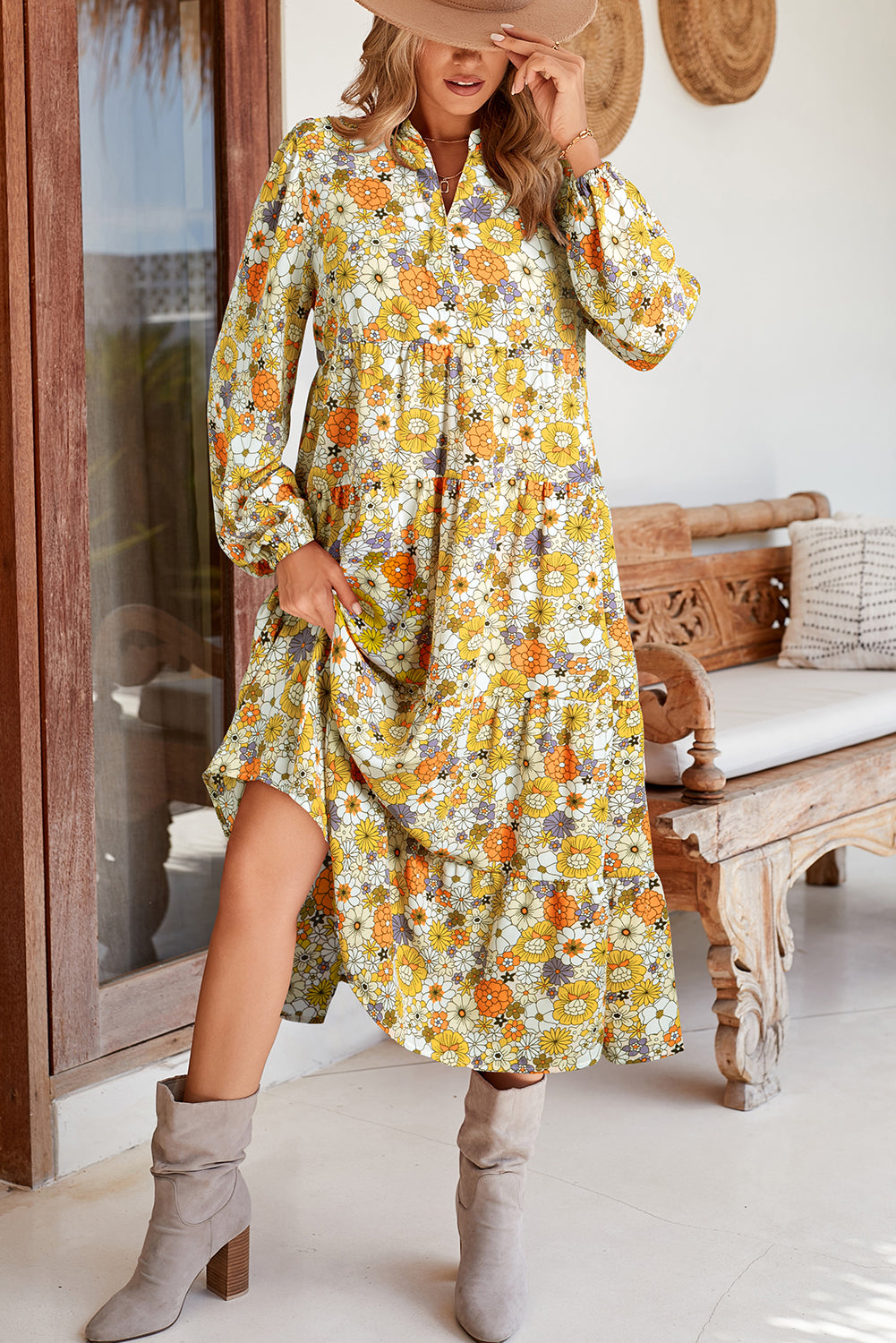 Yoko Ono Yellow Boho Floral Collared Long Sleeve Dress
