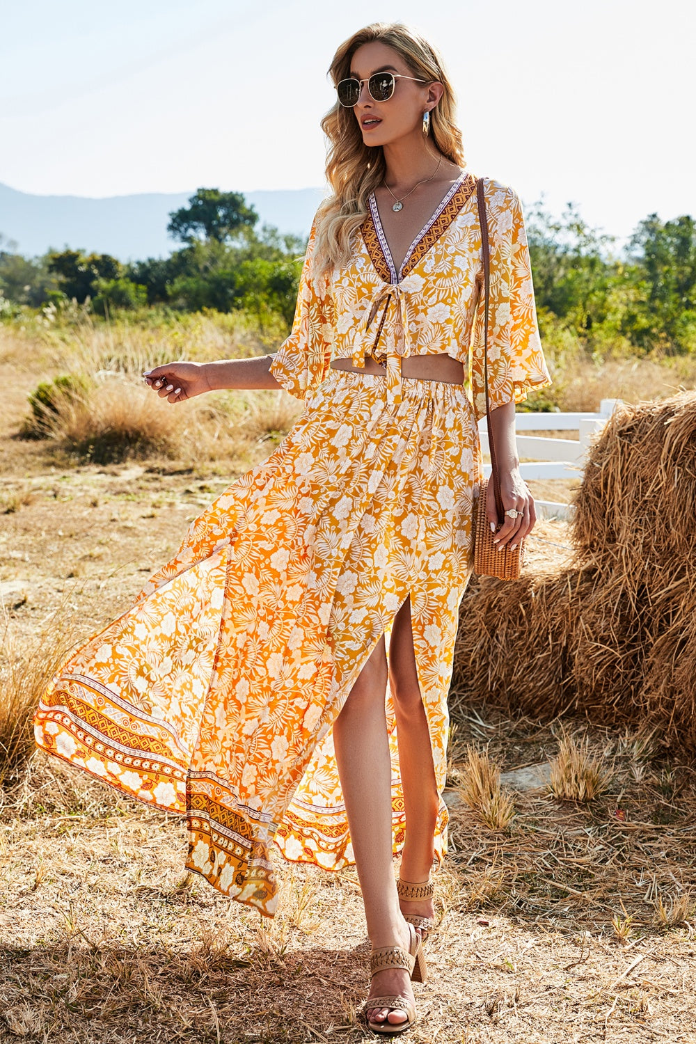 Aquiline Printed Half Sleeve Top and Slit Skirt Set