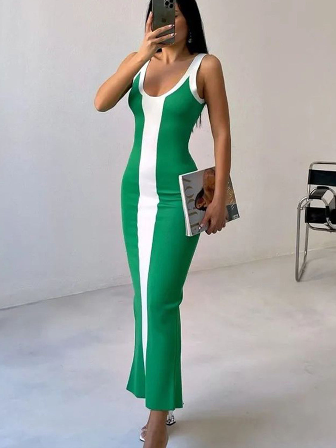 Coco Contrast Wide Strap Slit Midi Dress