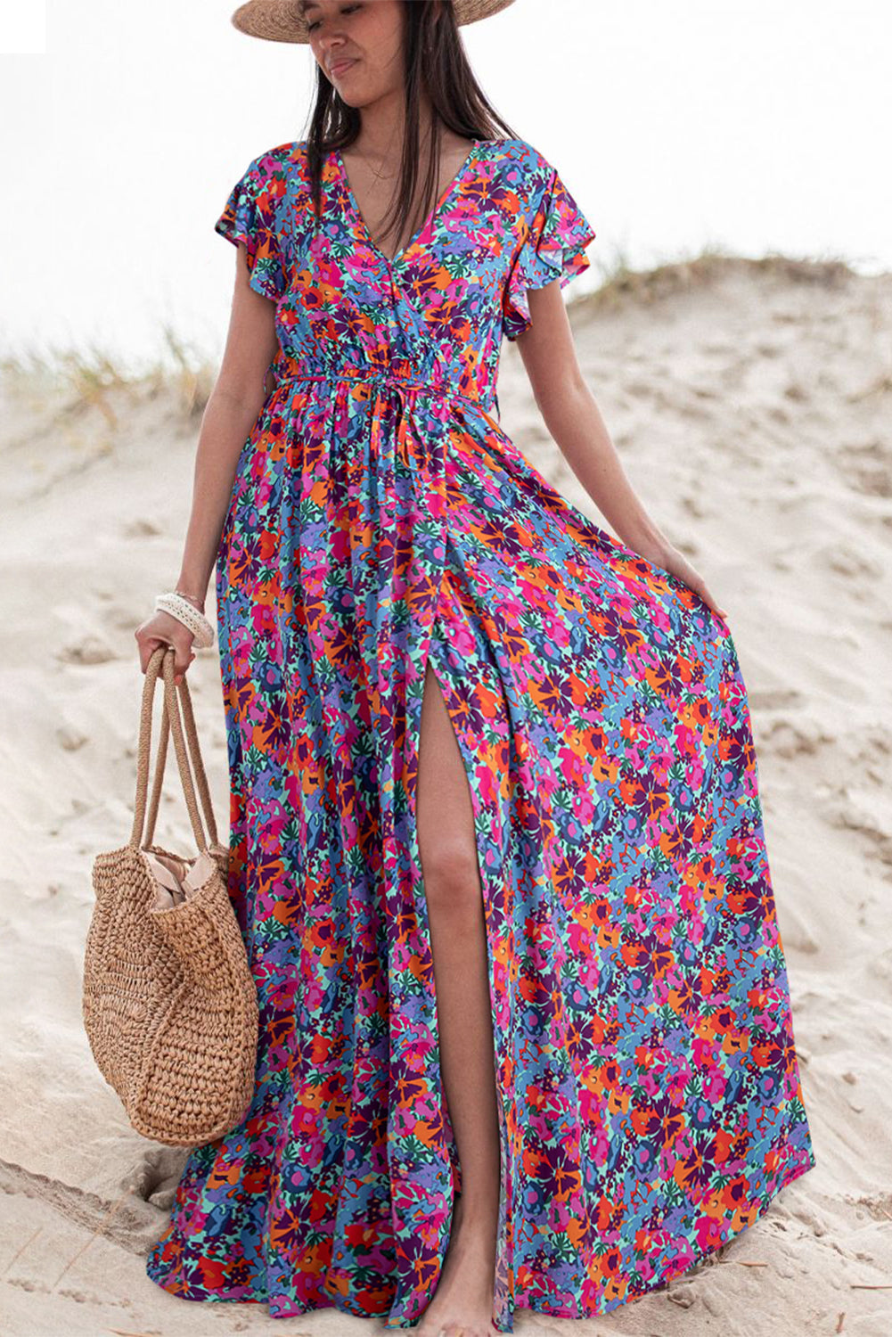 Blue Lagoon Boho Floral Print V Neck Wrap Split Maxi Dress