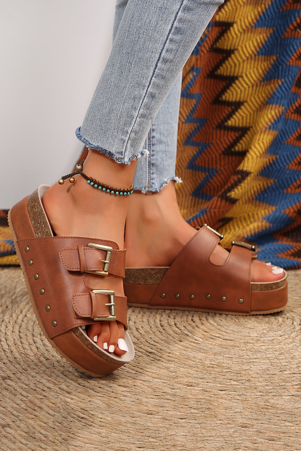 Chattanooga Chestnut Dual Buckle Studded Vintage Platform Sandals