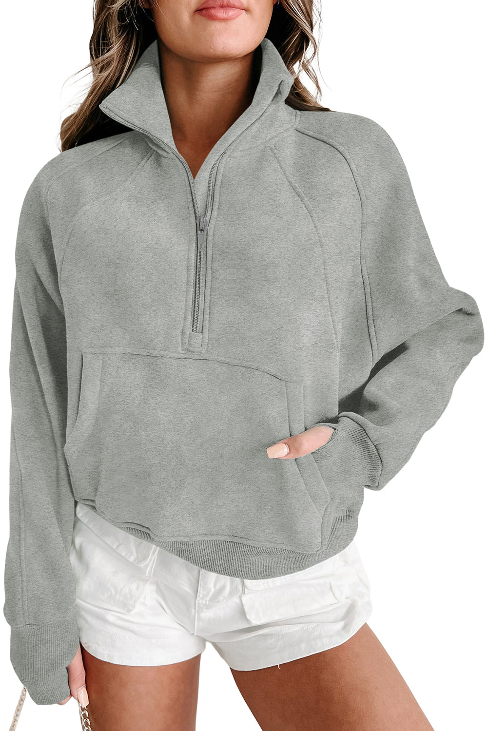 Monica Zip Up Stand Collar Thumbhole Sleeve Sweatshirt