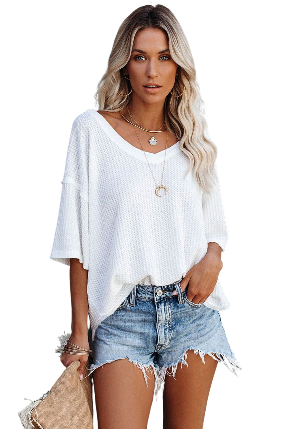 Whilemina White Waffle Knit Casual Drop Shoulder Loose Top