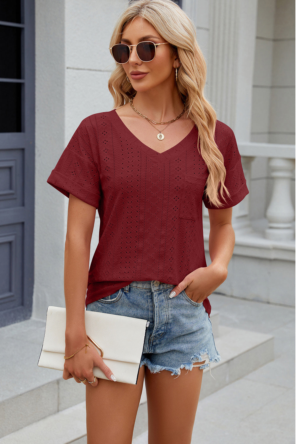 Eisley Eyelet V-Neck Short Sleeve T-Shirt