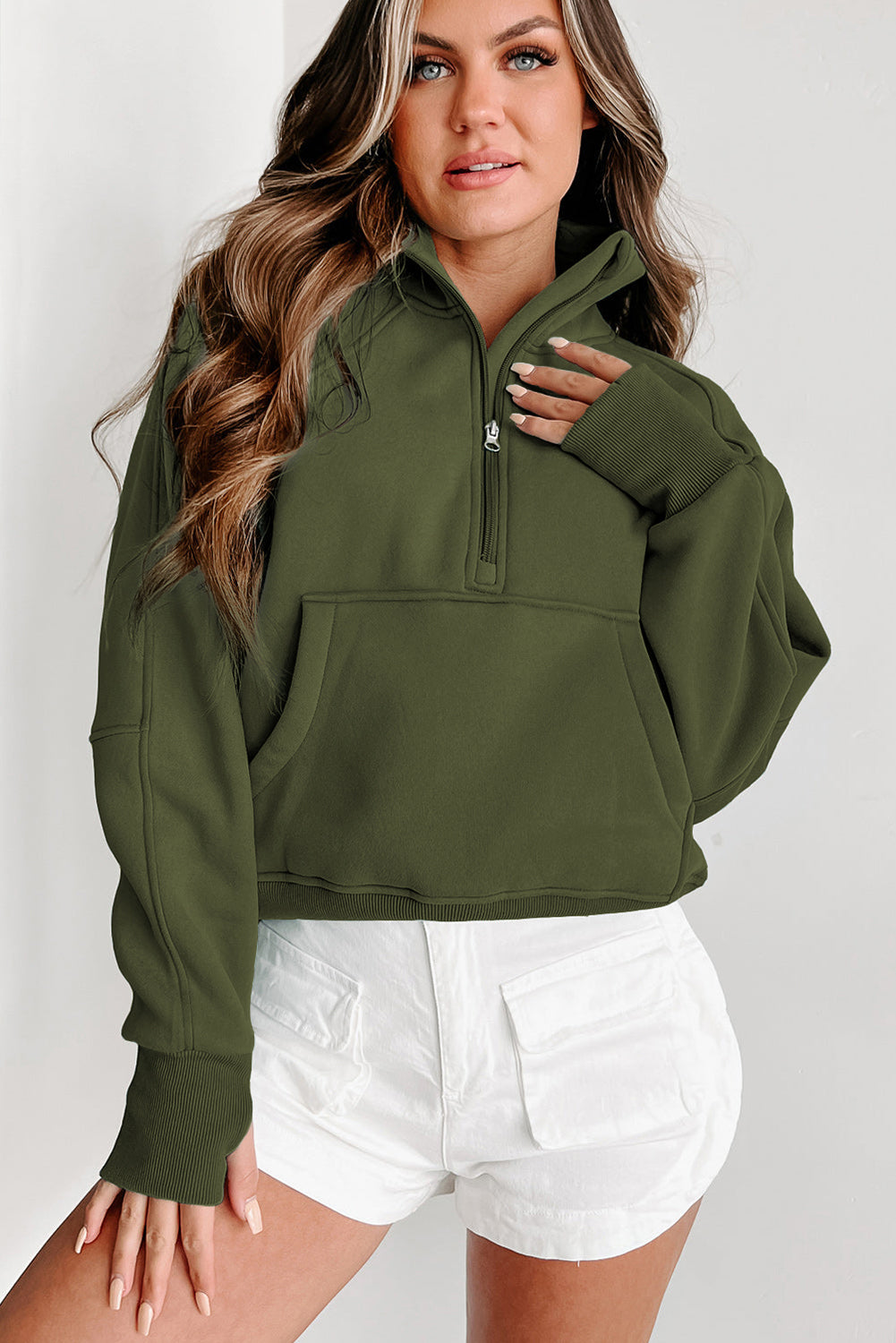 Monica Zip Up Stand Collar Thumbhole Sleeve Sweatshirt