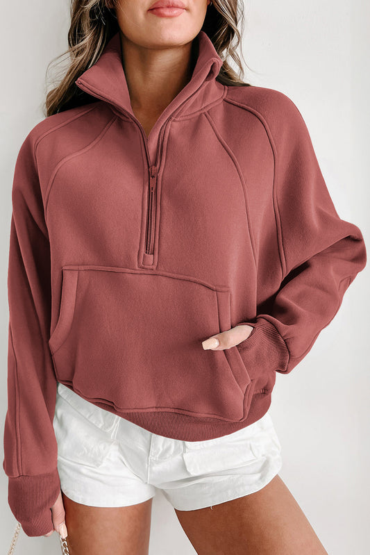 Monica Zip Up Stand Collar Thumbhole Sleeve Sweatshirt