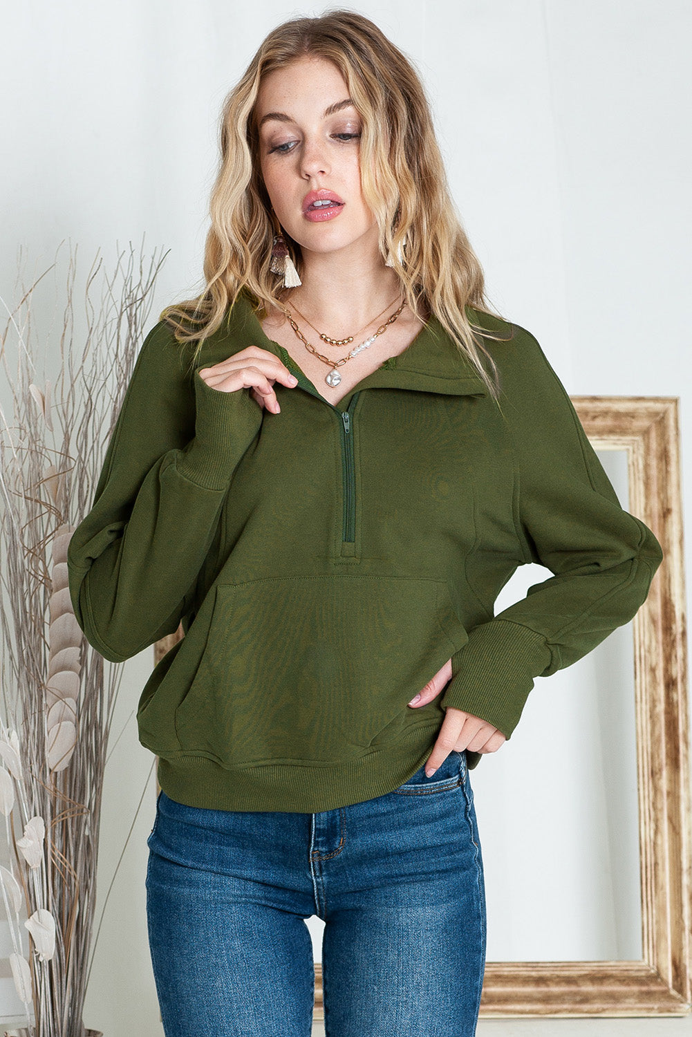 Monica Zip Up Stand Collar Thumbhole Sleeve Sweatshirt