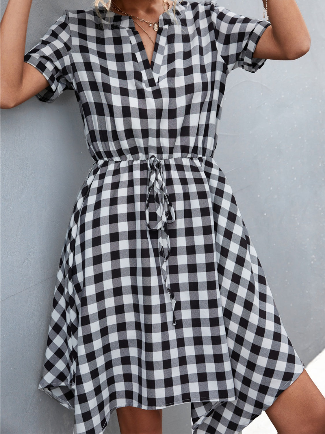 Sandwich Short Of a Picnic Plaid Notched Short Sleeve Dress