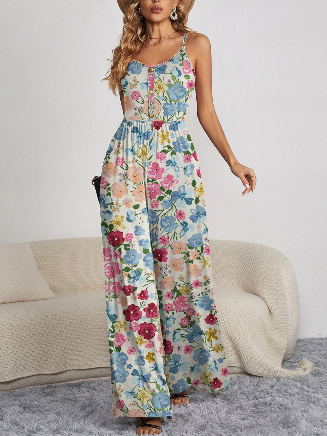 Dalila Decorative Button Spaghetti Strap Wide Leg Jumpsuit