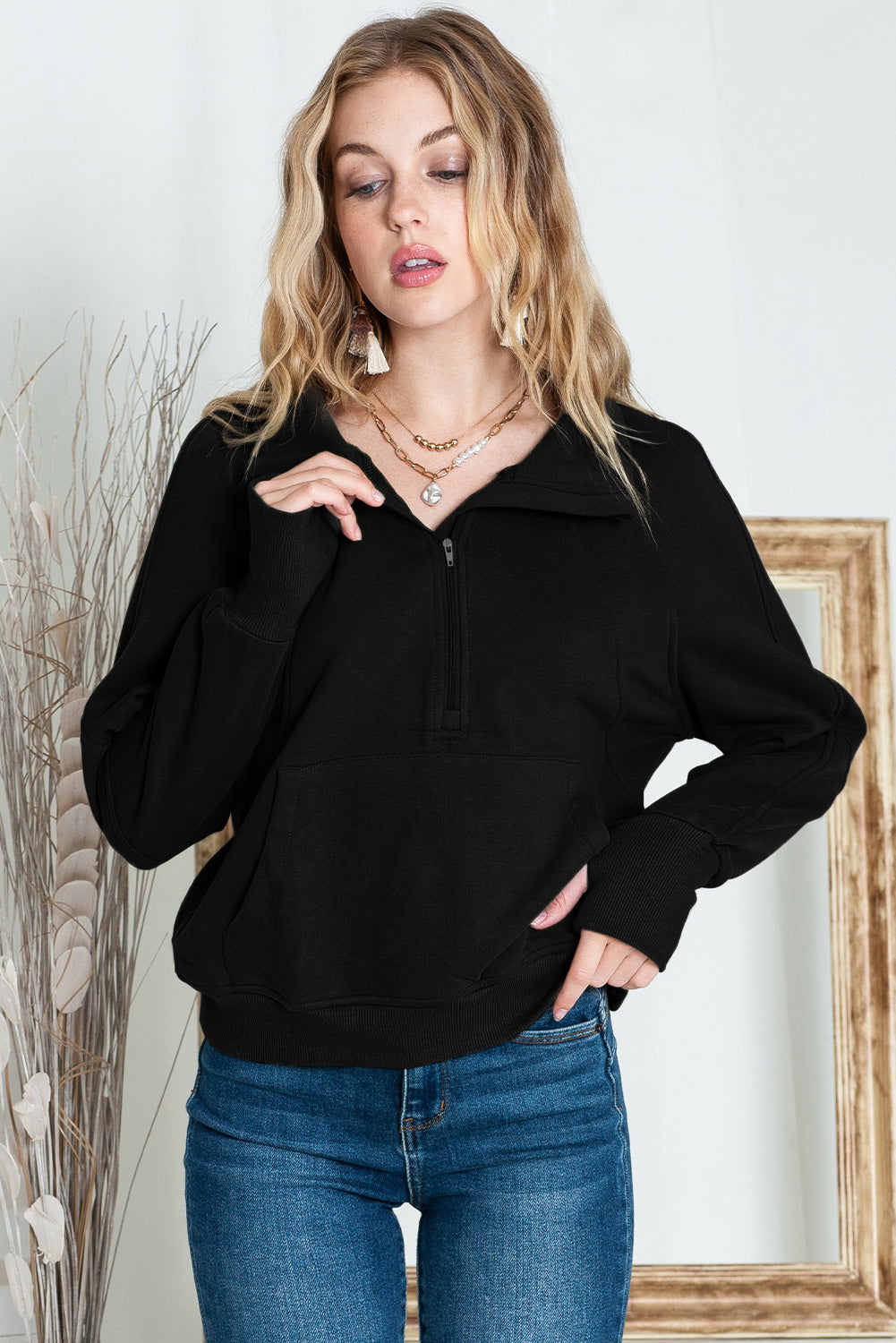 Monica Zip Up Stand Collar Thumbhole Sleeve Sweatshirt