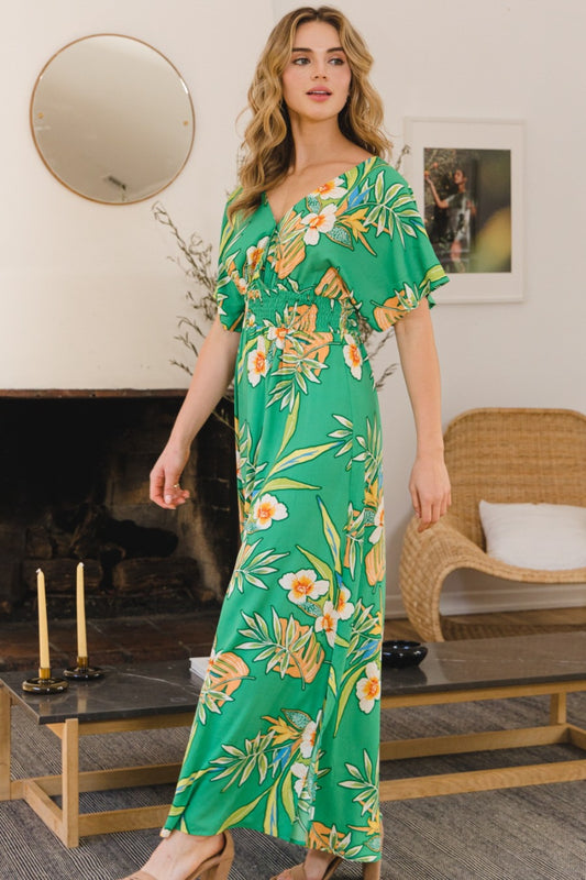 Montreal Full Size Floral Smocked Tied Back Maxi Dress