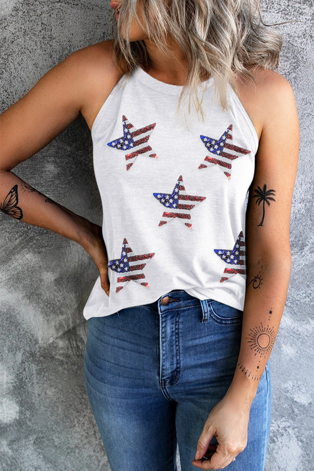 Reagan Sequin US Flag Star Grecian Neck Tank