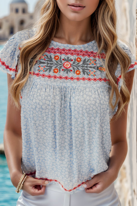 Margarita Embroidered Round Neck Cap Sleeve Blouse