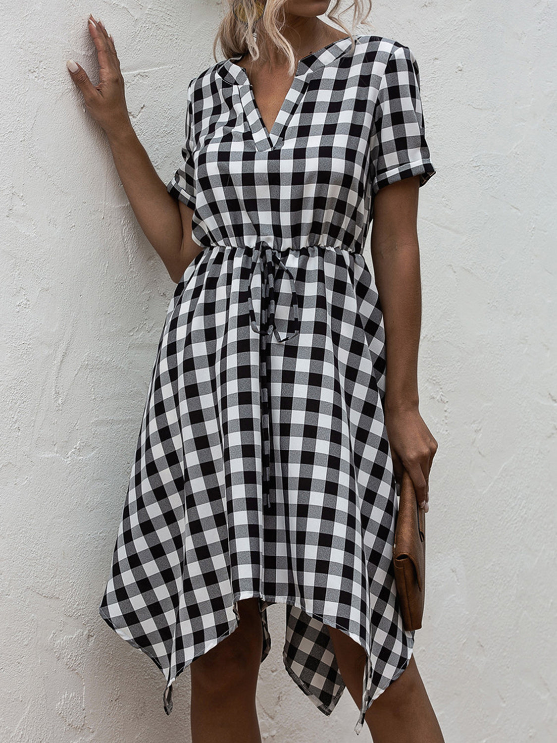 Sandwich Short Of a Picnic Plaid Notched Short Sleeve Dress