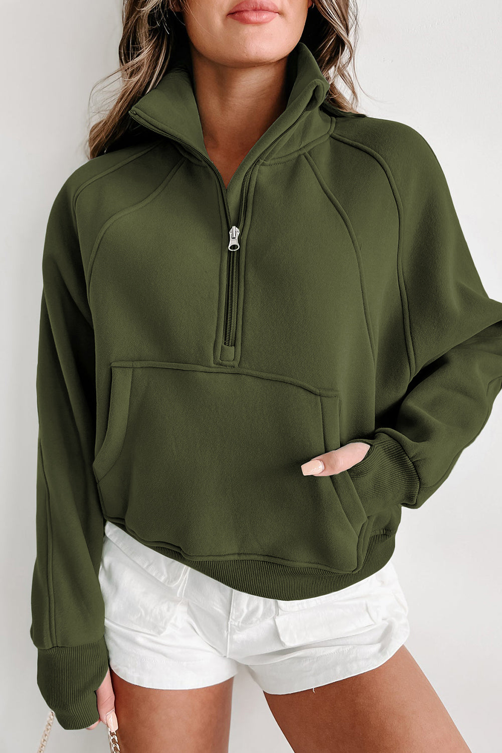 Monica Zip Up Stand Collar Thumbhole Sleeve Sweatshirt