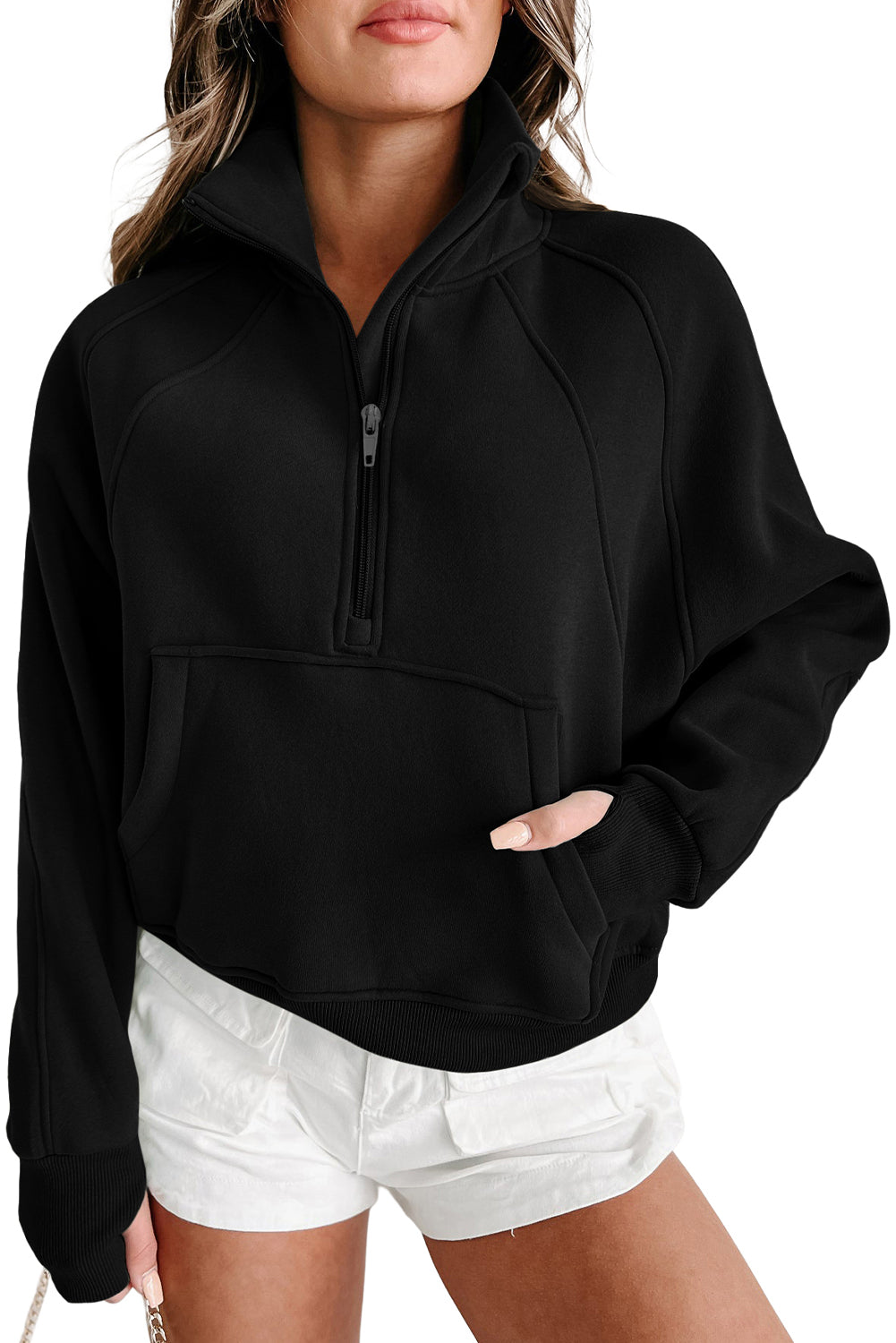 Monica Zip Up Stand Collar Thumbhole Sleeve Sweatshirt