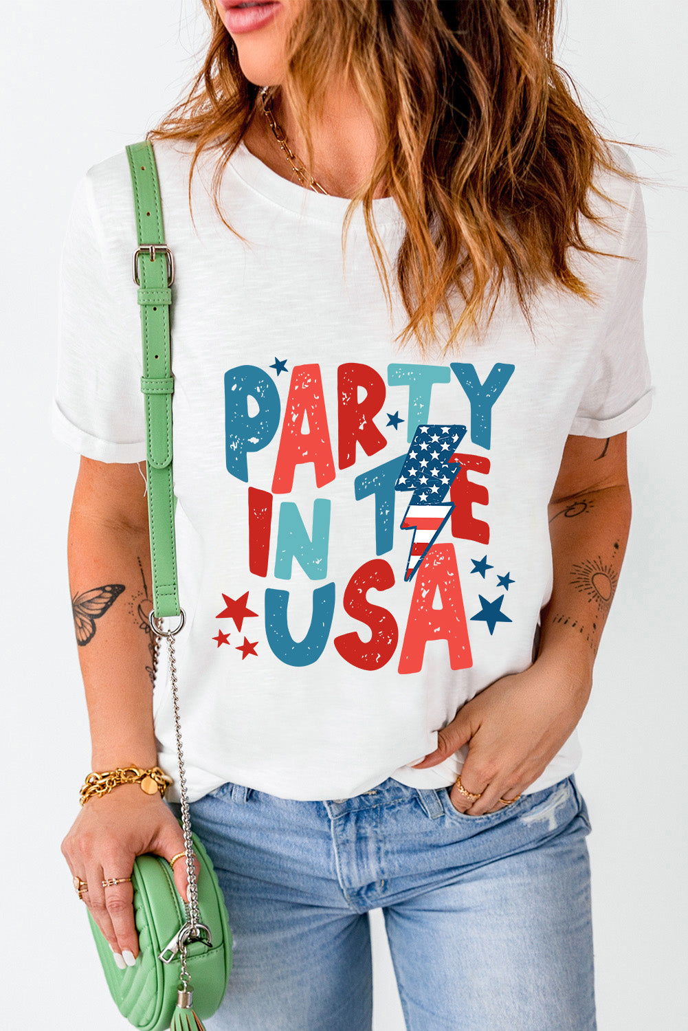 Party in the USA Letter Graphic Round Neck Short Sleeve T-Shirt