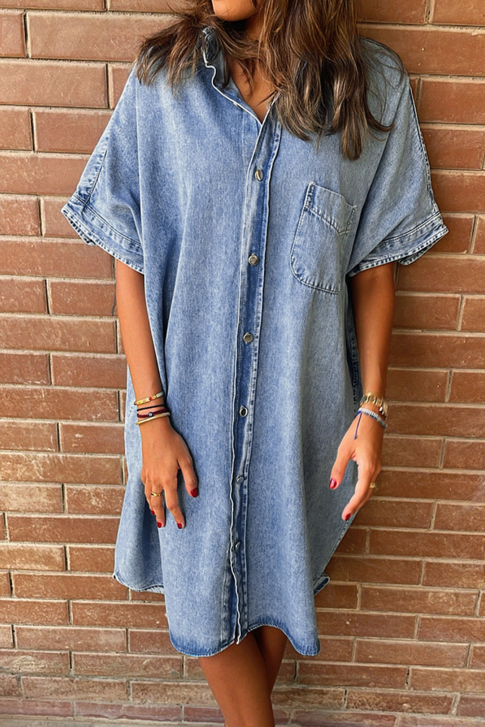 Shera Light Blue Vintage Wash Loose Denim Shirt Dress
