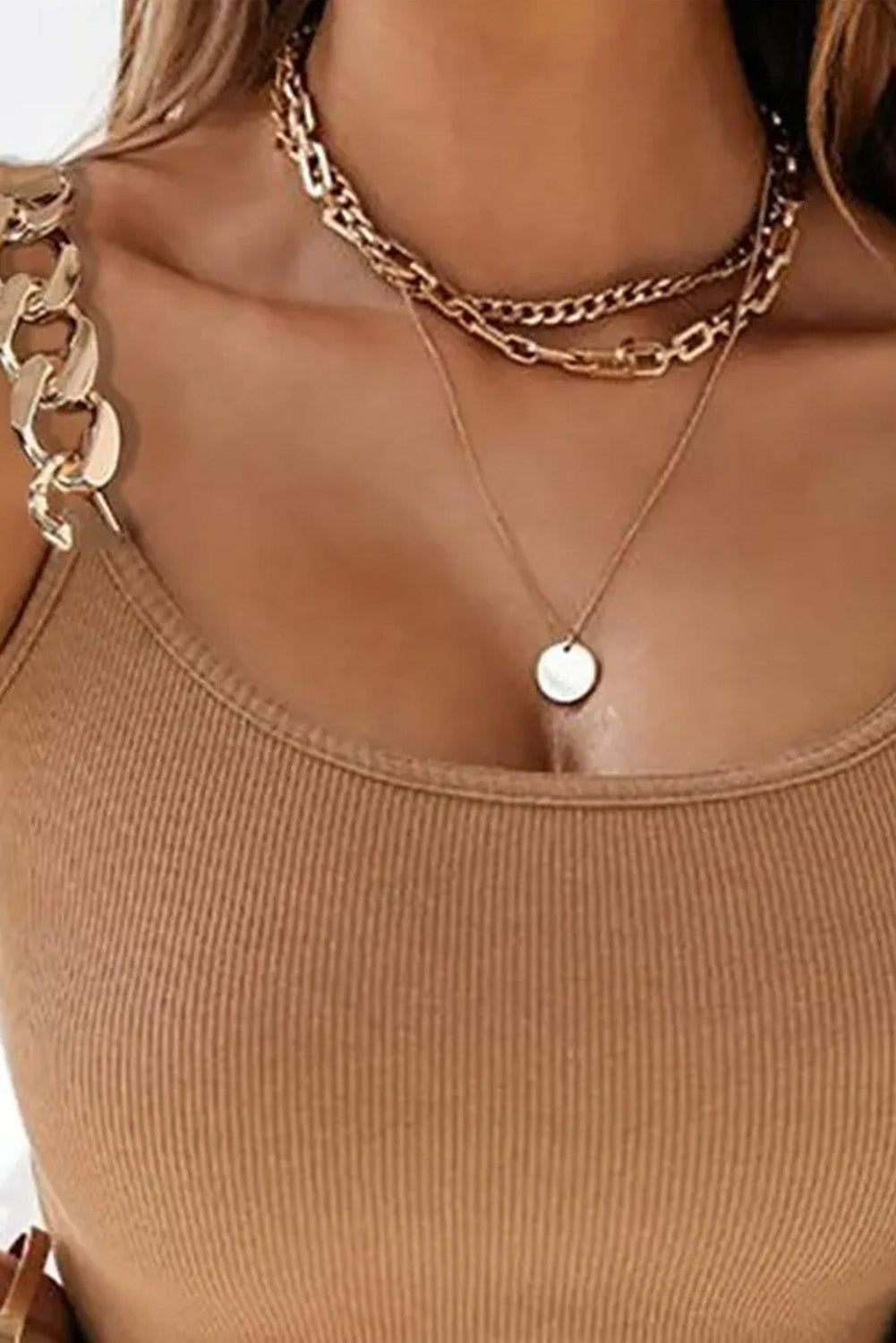 Goldie Brown Gold Chain Straps Rib Knit Tank Top