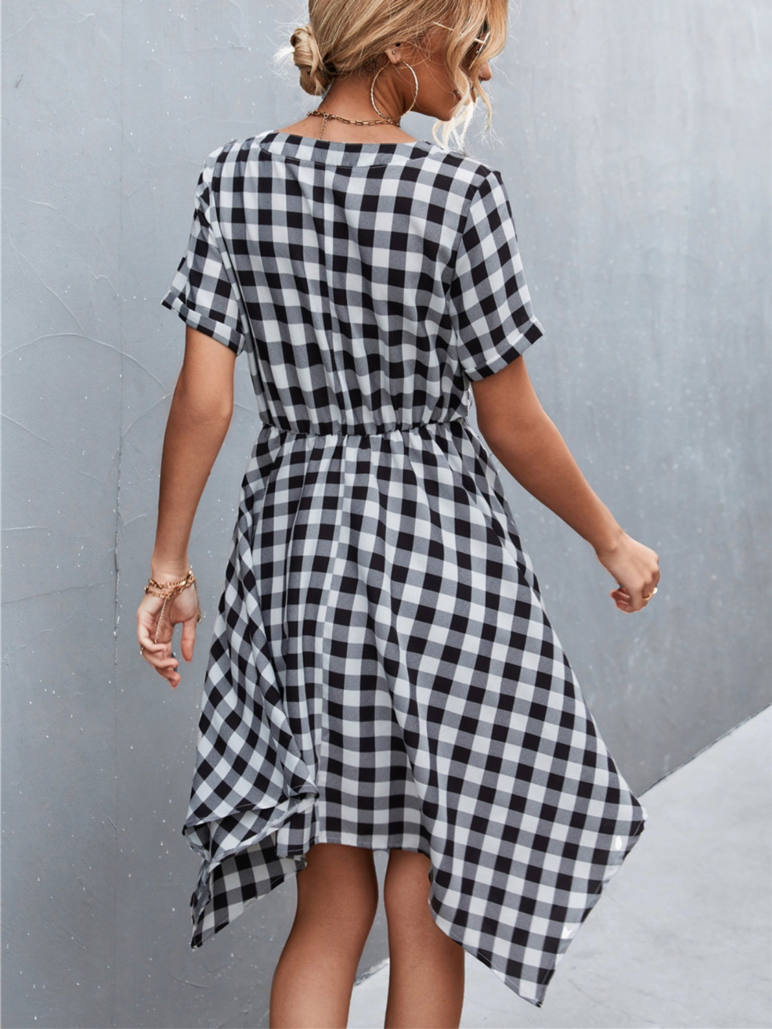 Sandwich Short Of a Picnic Plaid Notched Short Sleeve Dress