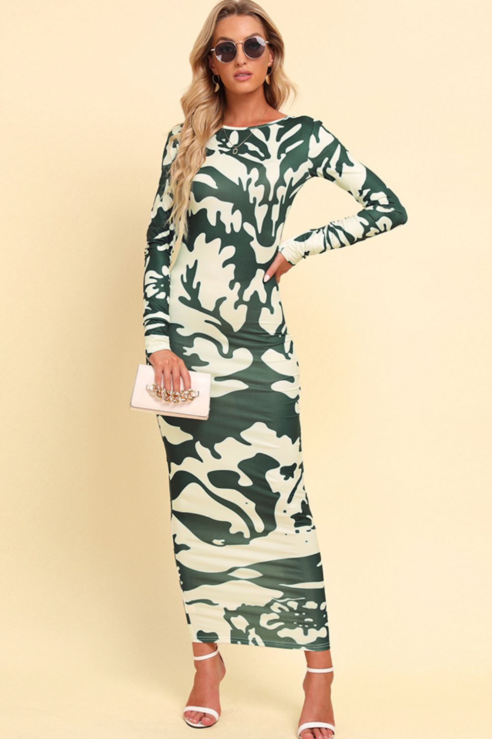 Birch Printed Backless Long Sleeve Maxi Dress