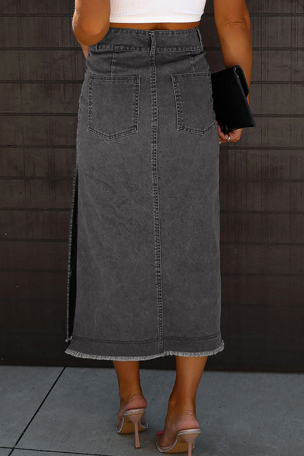 Harley Honey Raw Hem Slit Pocketed Midi Denim Skirt