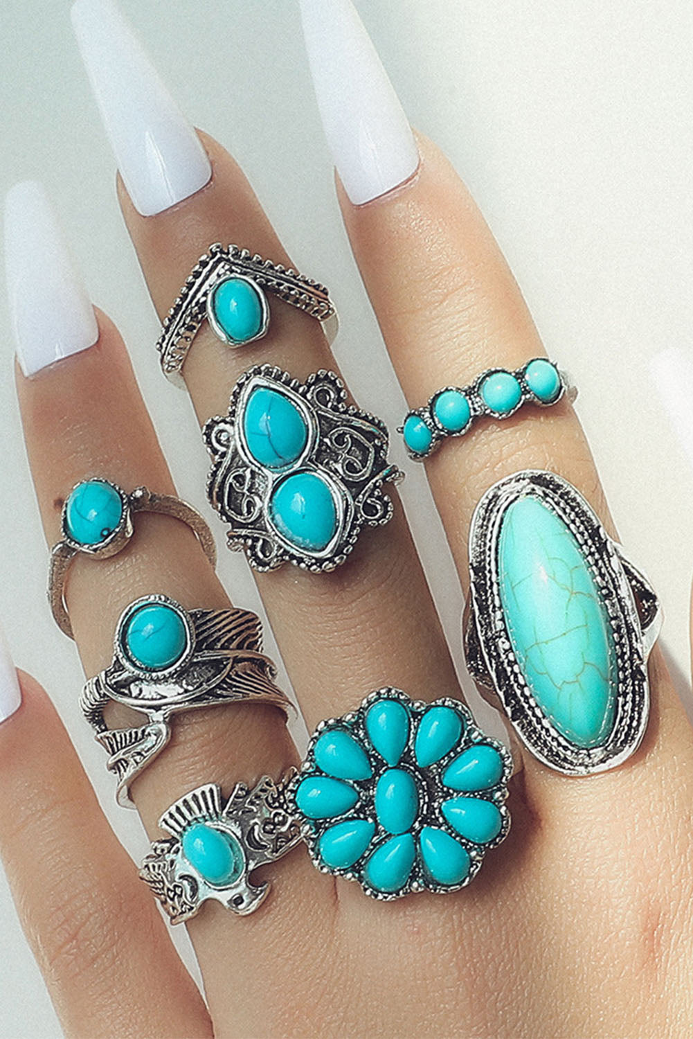 8Pcs Vintage Turquoise Ring Set