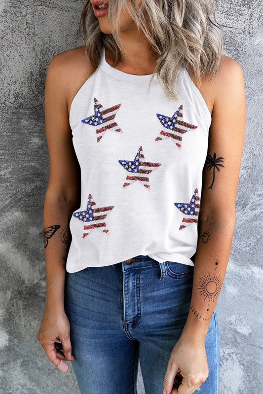 Reagan Sequin US Flag Star Grecian Neck Tank