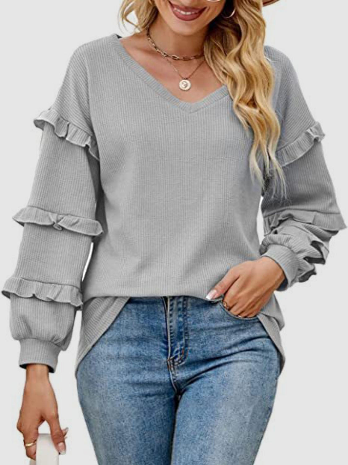 Roberta Ruffled V-Neck Long Sleeve T-Shirt