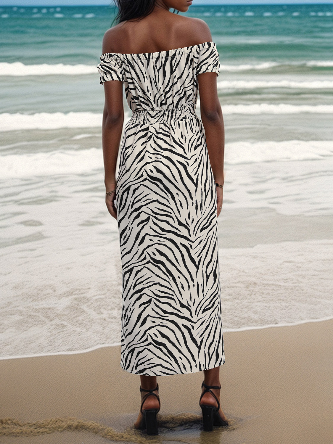 Tigress Slit Animal Print Off-Shoulder Midi Dress