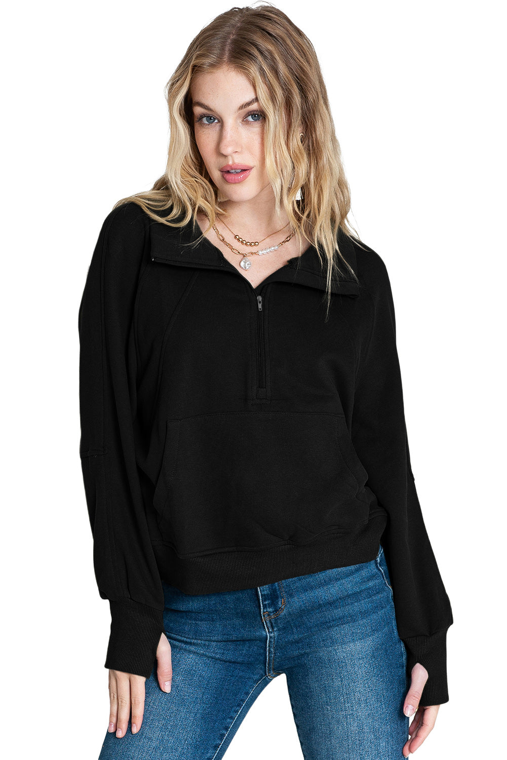 Monica Zip Up Stand Collar Thumbhole Sleeve Sweatshirt