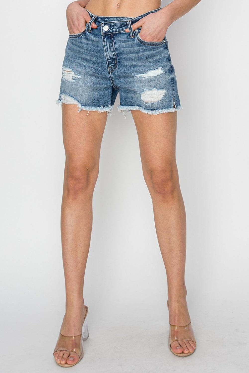 A Step Above Stepped Waist Frayed Denim Shorts