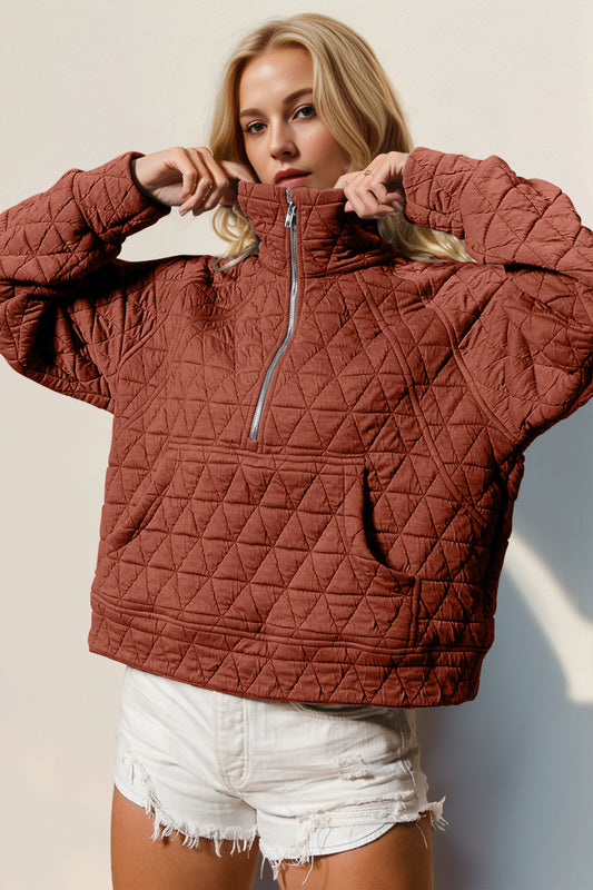 Quinn Double Take Half Zip Long Sleeve Quilted Sweatshirt with Pocket