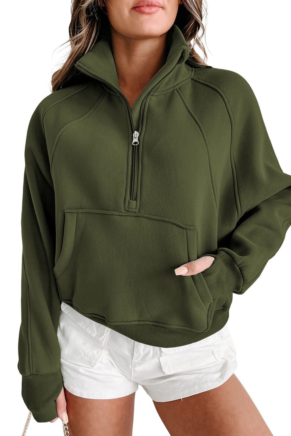 Monica Zip Up Stand Collar Thumbhole Sleeve Sweatshirt