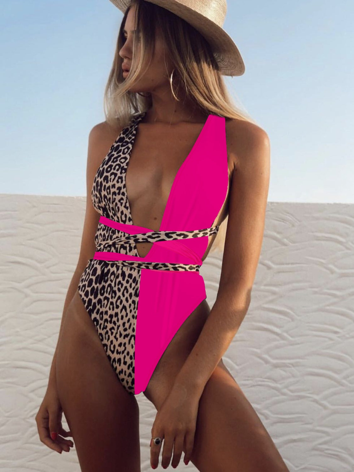 Leo Leopard Tied Back Plunge One-Piece Swimwear