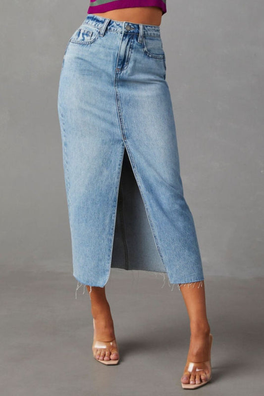Sultry Slit Raw Hem Midi Denim Skirt