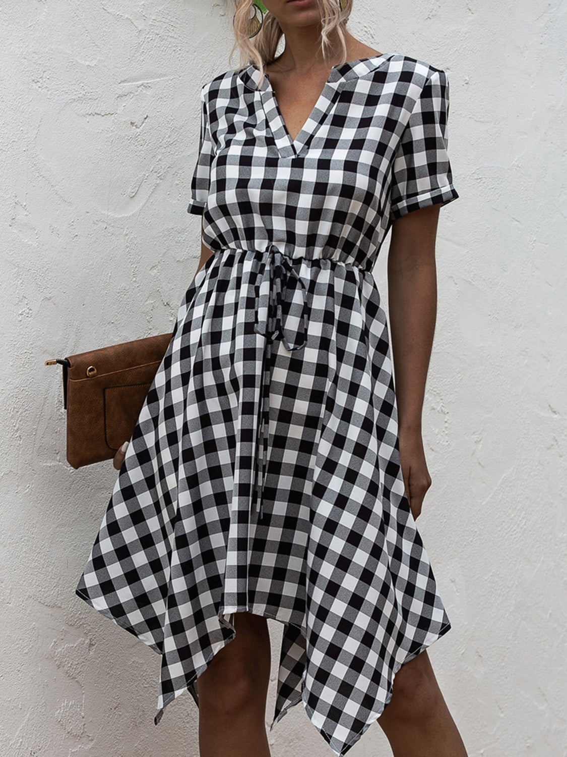 Sandwich Short Of a Picnic Plaid Notched Short Sleeve Dress