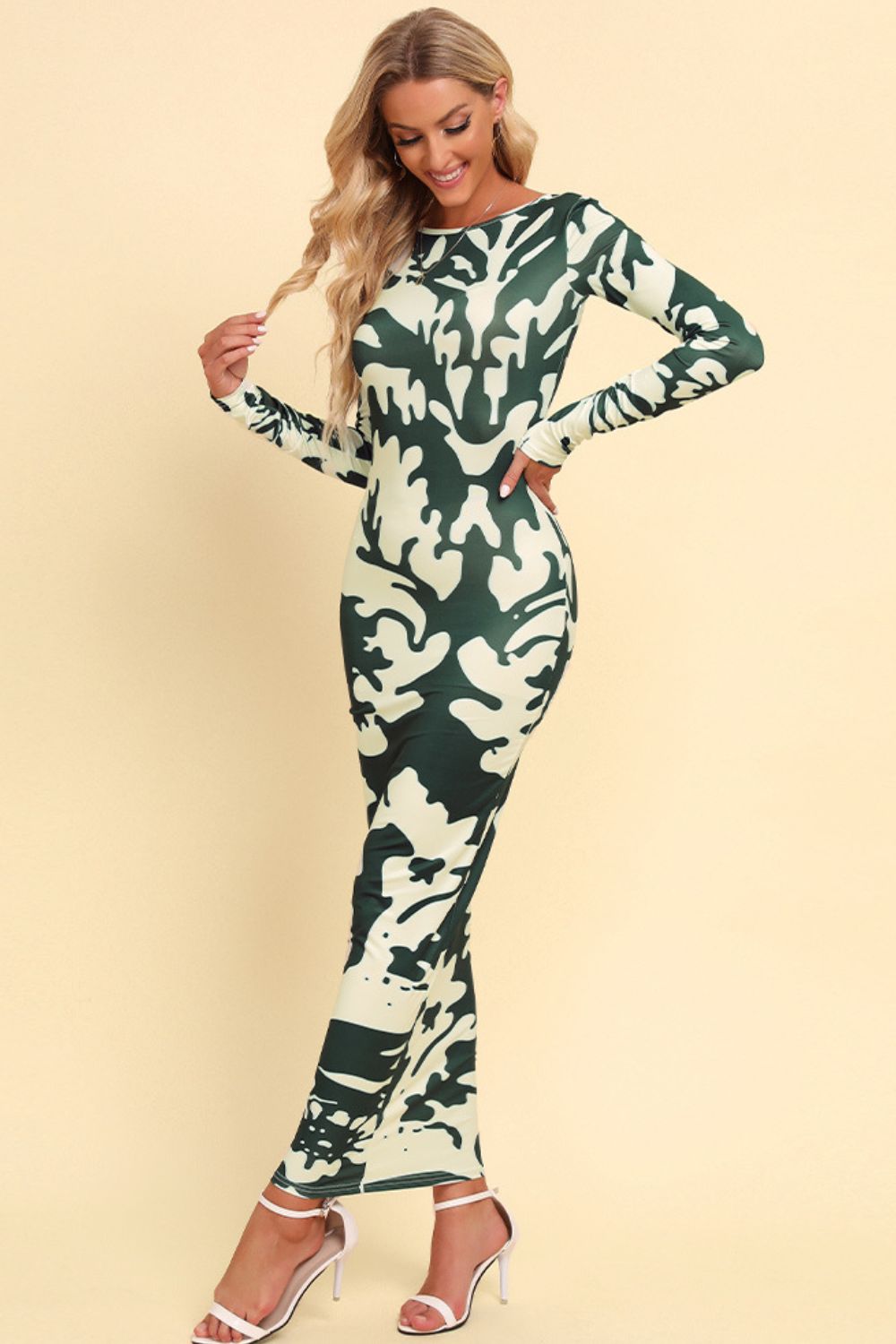 Birch Printed Backless Long Sleeve Maxi Dress