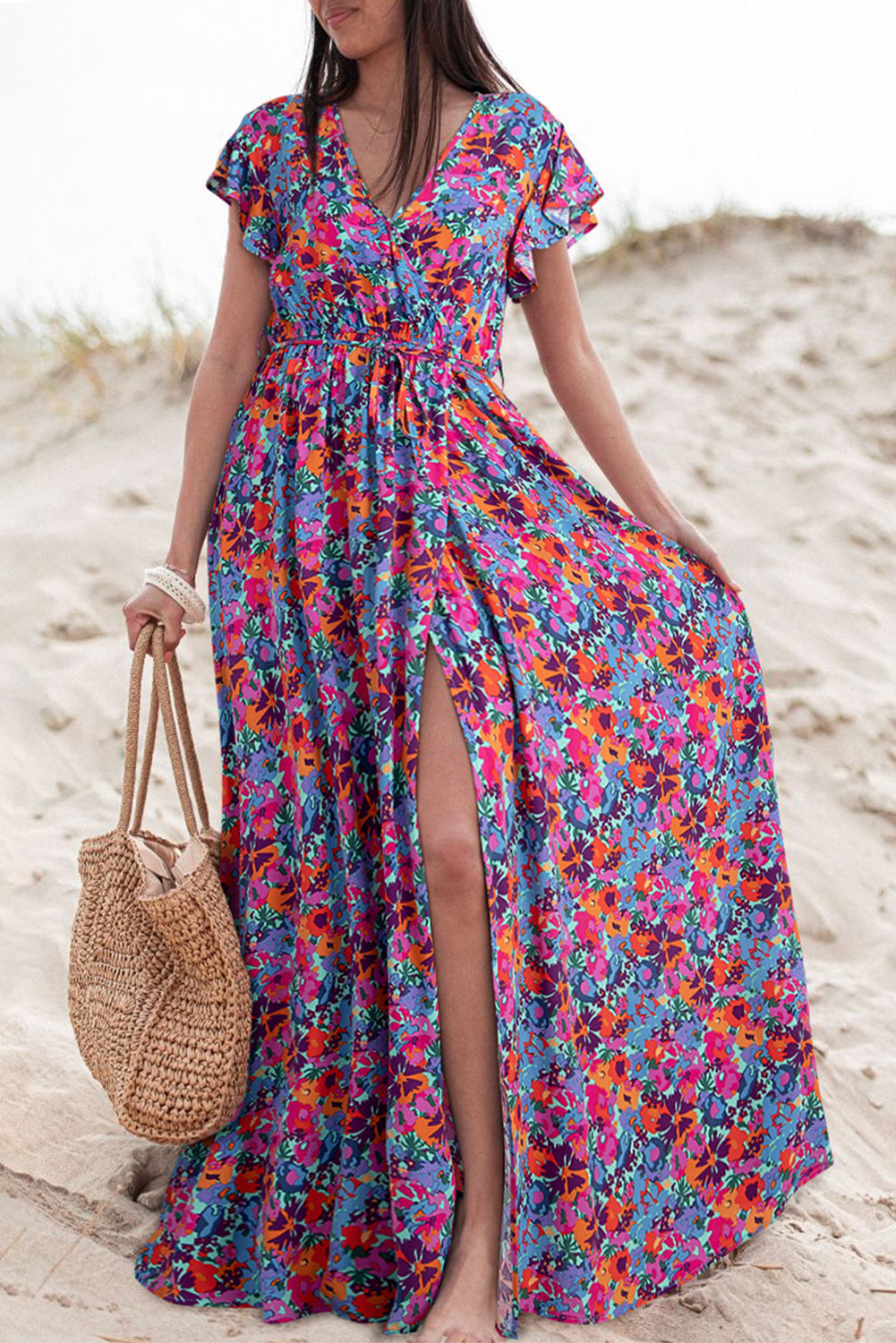 Blue Lagoon Boho Floral Print V Neck Wrap Split Maxi Dress