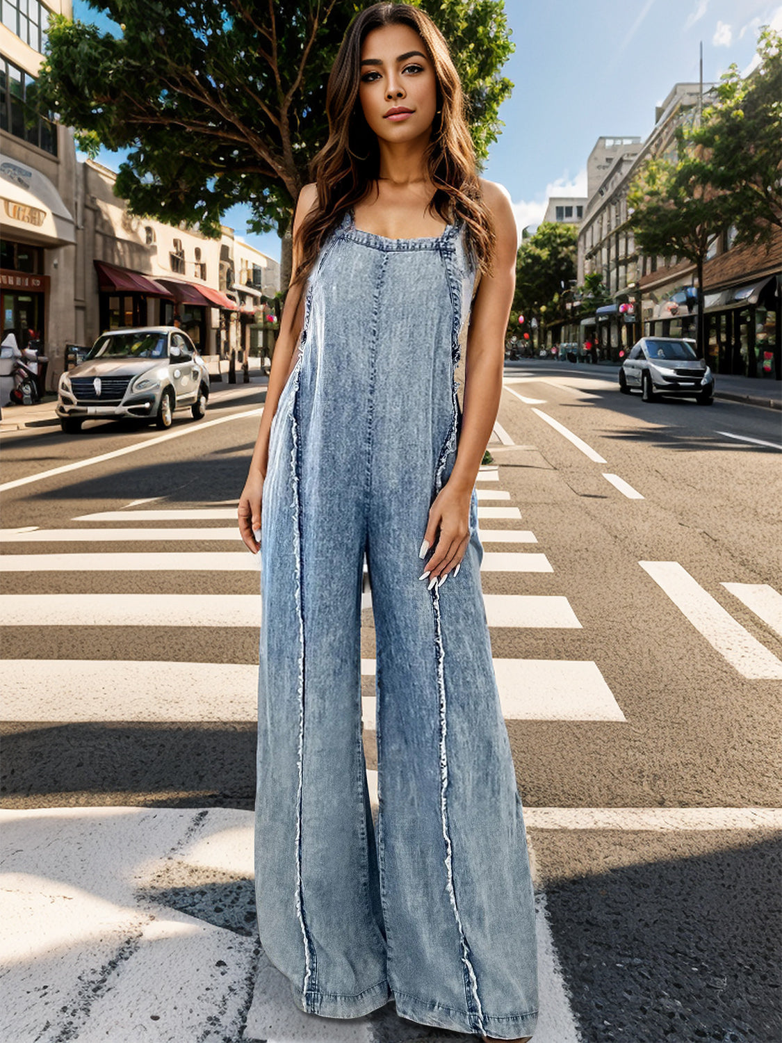Kendra Adjustable Strap Wide Leg Denim Overalls