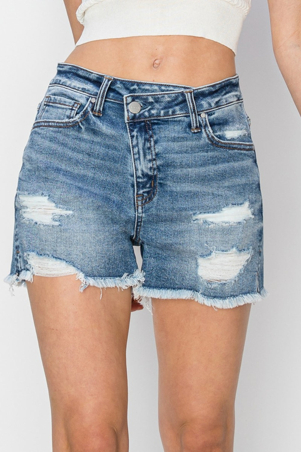 A Step Above Stepped Waist Frayed Denim Shorts