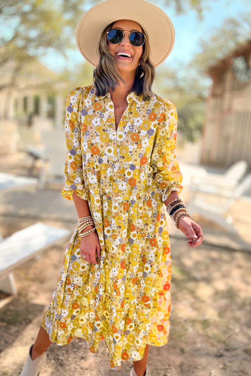 Yoko Ono Yellow Boho Floral Collared Long Sleeve Dress