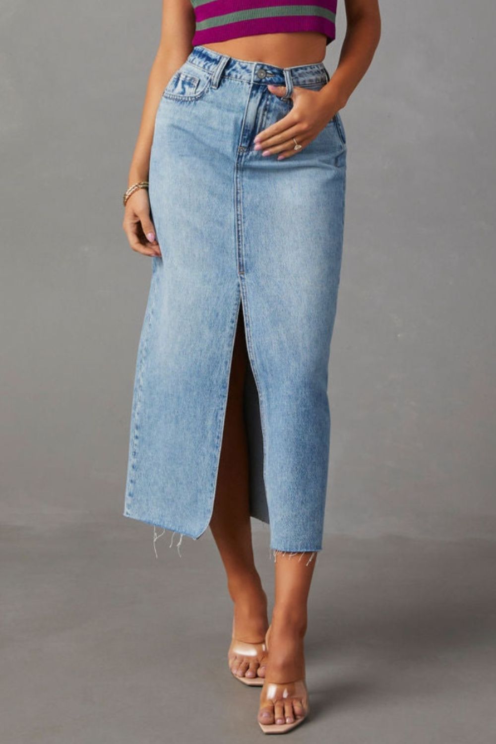 Sultry Slit Raw Hem Midi Denim Skirt