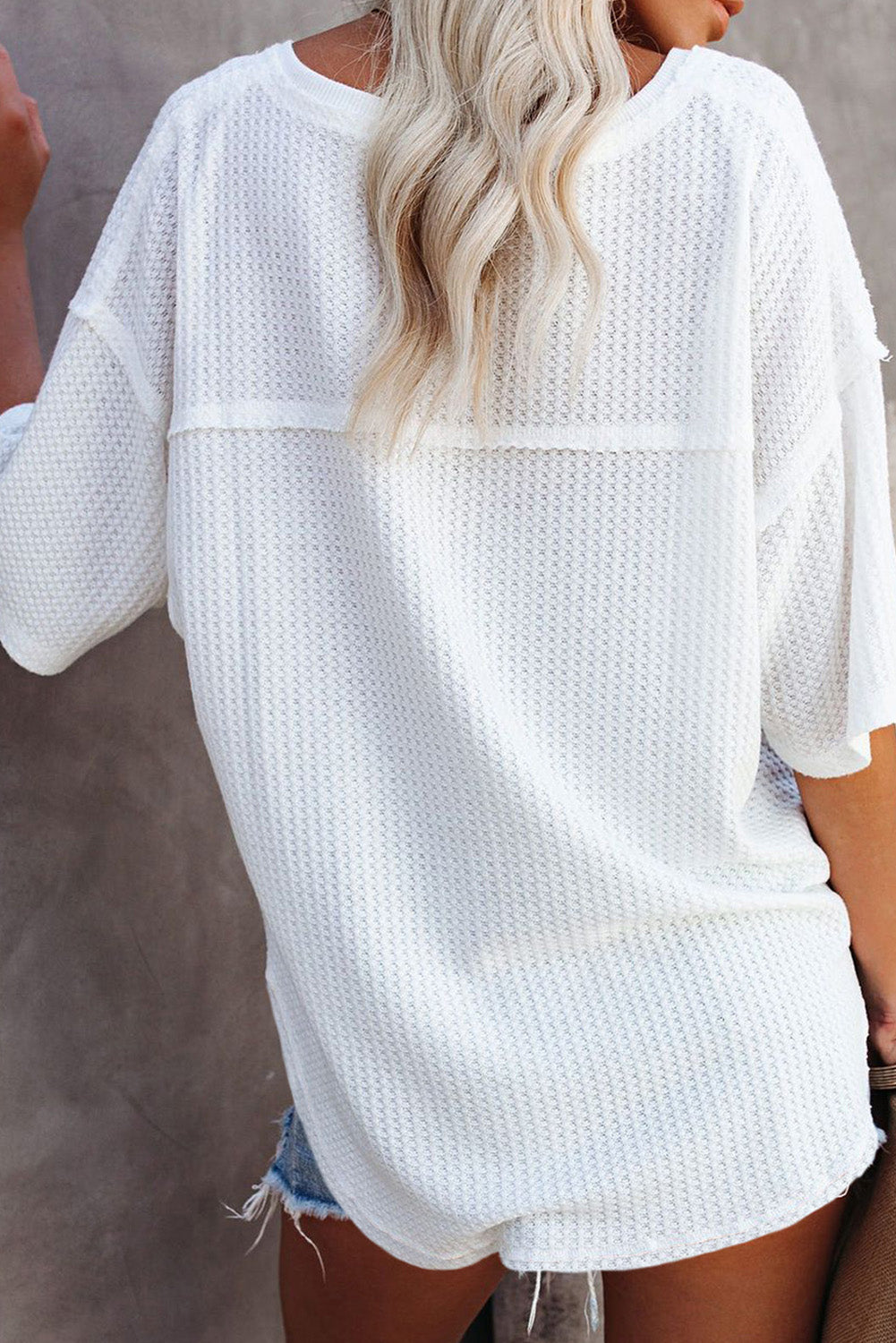 Whilemina White Waffle Knit Casual Drop Shoulder Loose Top