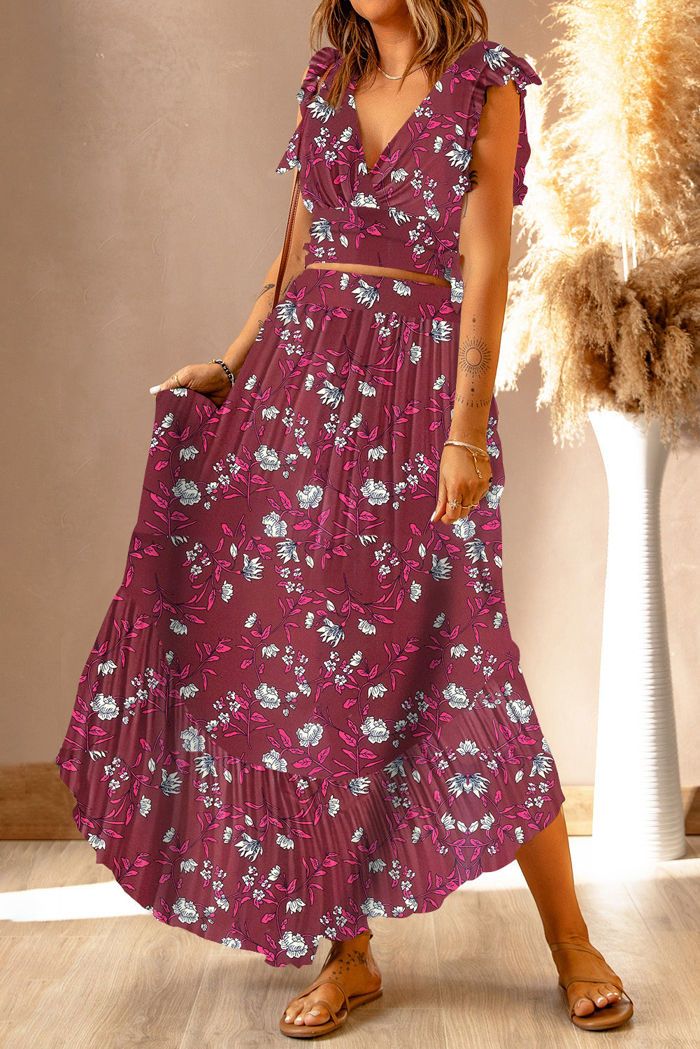 Anatolia Printed Tie Back Cropped Top and Maxi Skirt Set