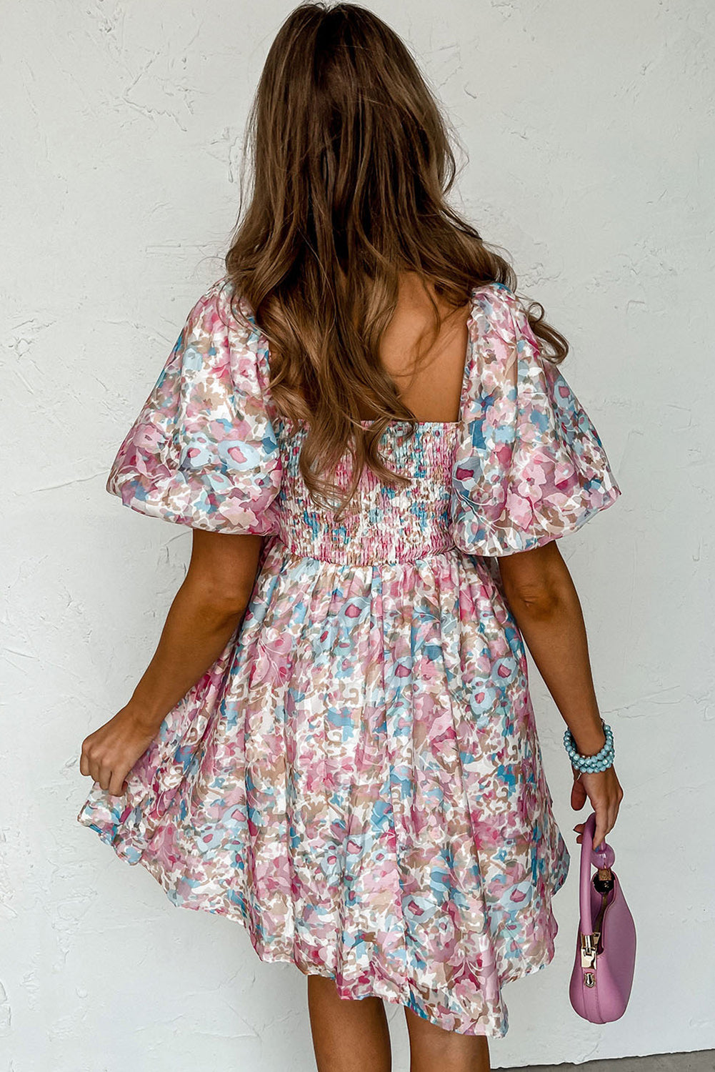 Serena Pink Floral Puff Sleeve Square Neck Smock Ruffled Dress