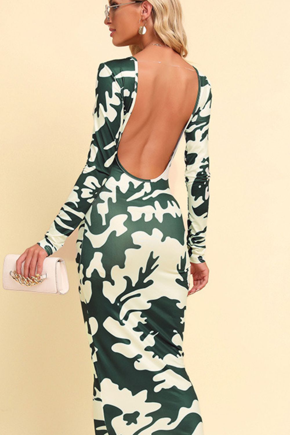 Birch Printed Backless Long Sleeve Maxi Dress